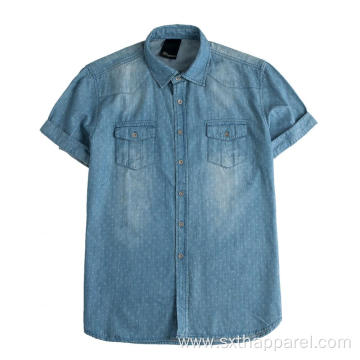 Washable Men's Short Sleeve Denim Dobby Shirts